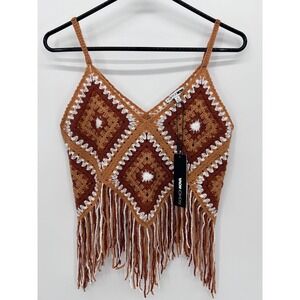 Fashion‎ Nova Crochet Sweater Tank Top Fringe Brown White Boho Festival Size M
